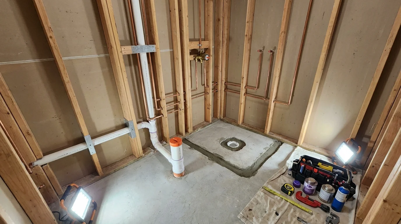 Bathroom rough-in plumbing during remodel by Johns Plumbing LLC in Traer