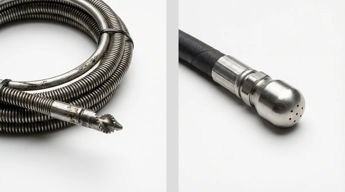 Drain snake cable and hydro jetting nozzle used for drain cleaning in Traer, IA