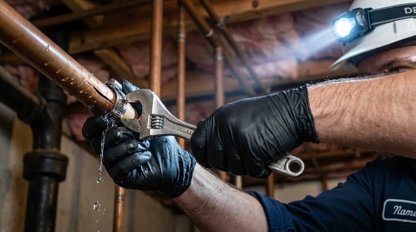 Emergency pipe clamp repair being performed by a Johns Plumbing LLC plumber in Traer