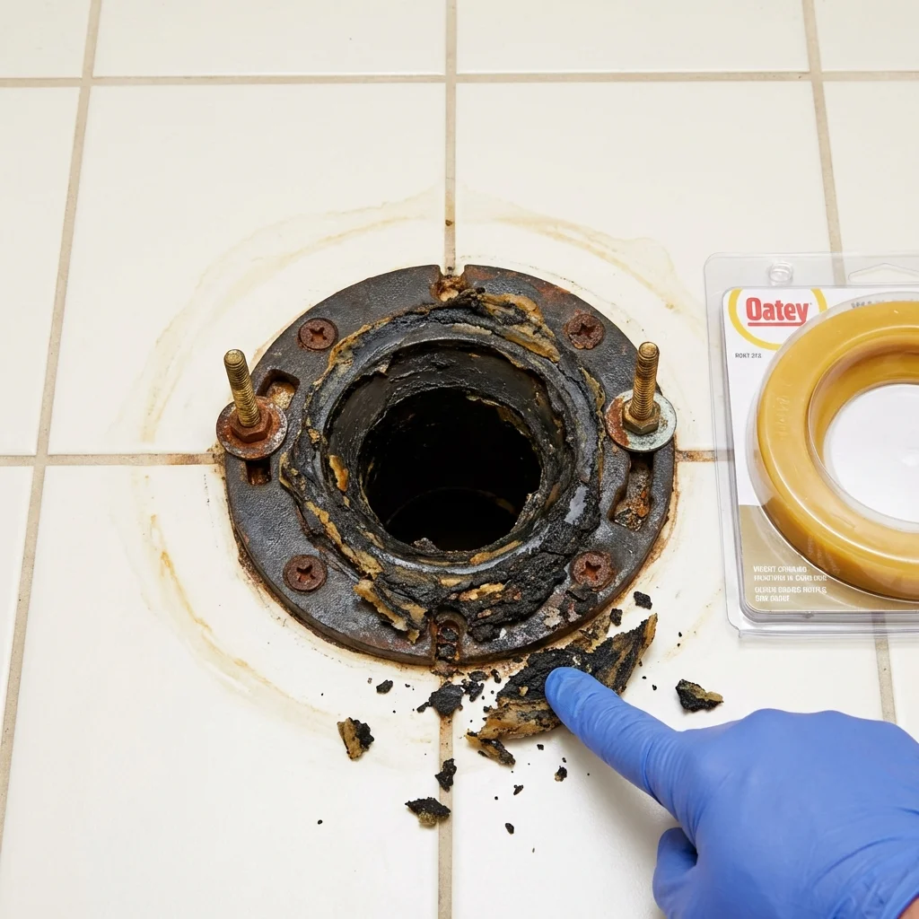 Failed wax ring showing water seepage at the base of a toilet in a Traer, IA home