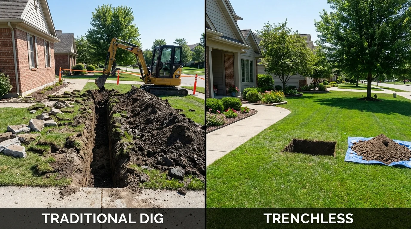Trenchless sewer repair with minimal yard damage versus traditional excavation in Traer, IA
